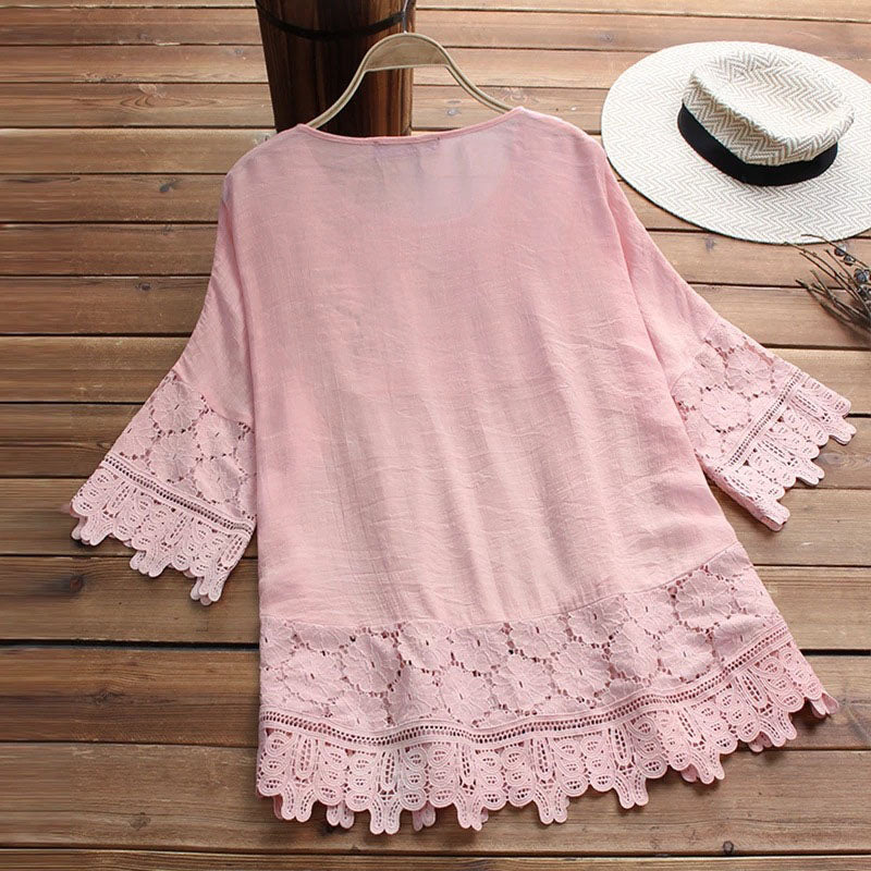 Lace-trimmed linen V-neck top