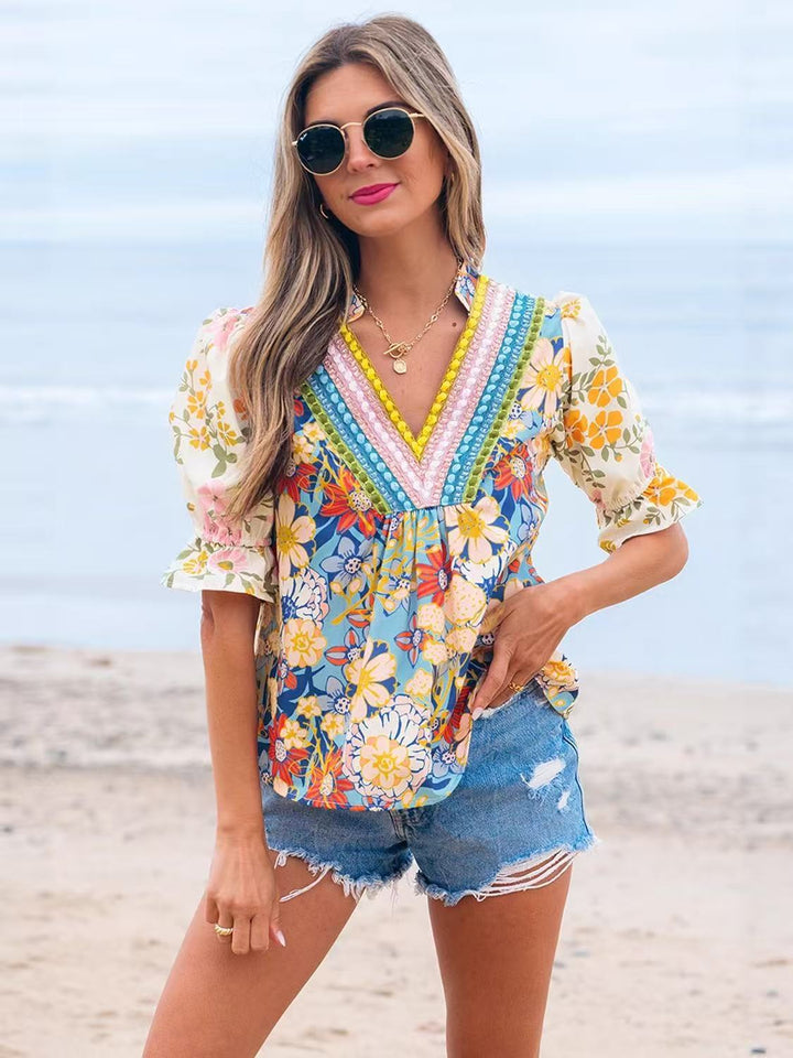 Boho Floral Puff Sleeve Blouse, V-Neck Colorful Embroidered Peplum Top
