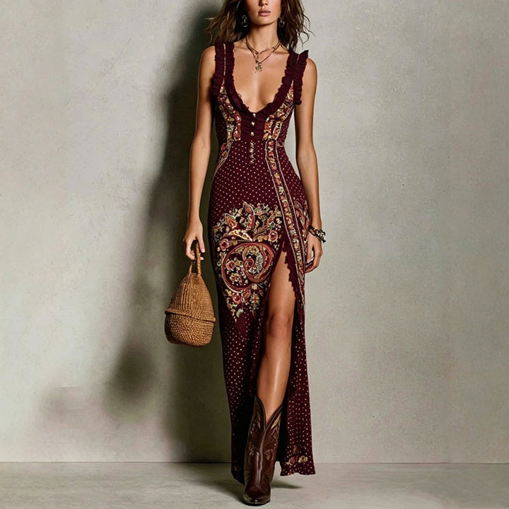 V-neck printed sleeveless maxi dress with a slit