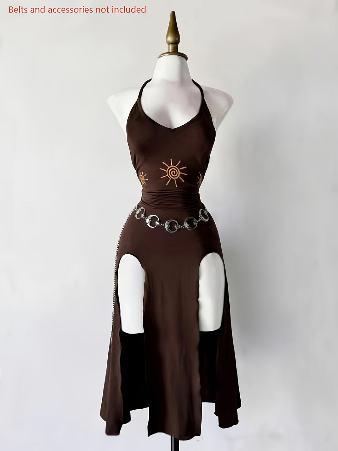 Brown Sun-Embroidered Halter Mermaid Maxi Dress