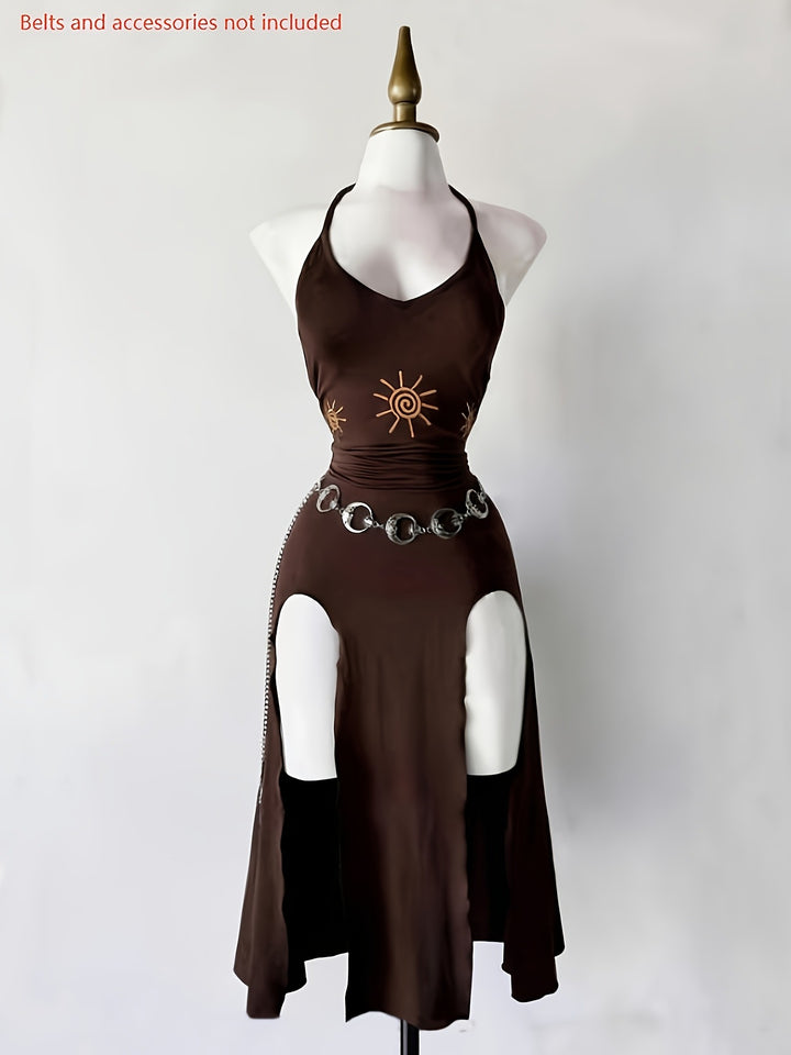 Brown Sun-Embroidered Halter Mermaid Maxi Dress