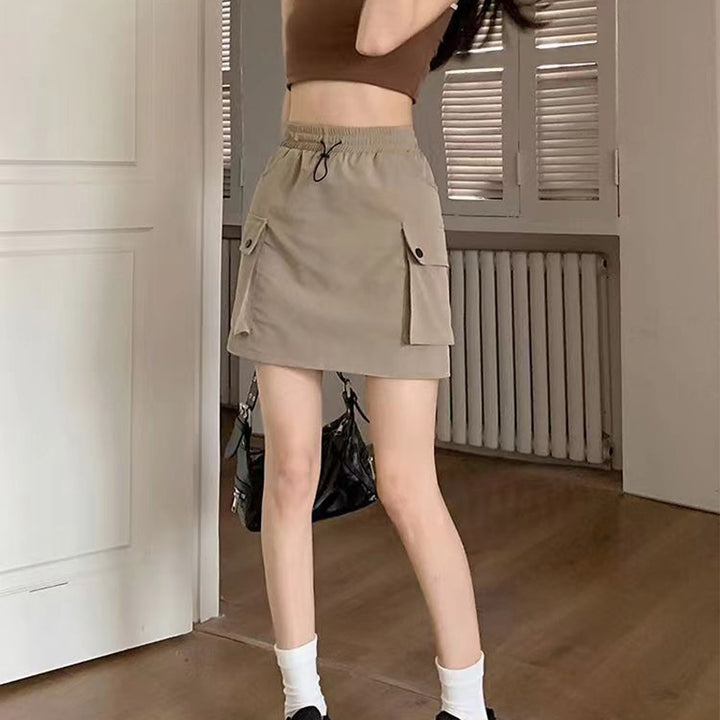 High-waisted drawstring A-line cargo skirt