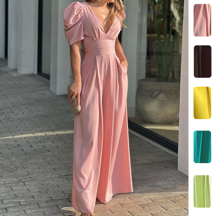 Puff Sleeve V-Neck Wide-Leg Jumpsuit