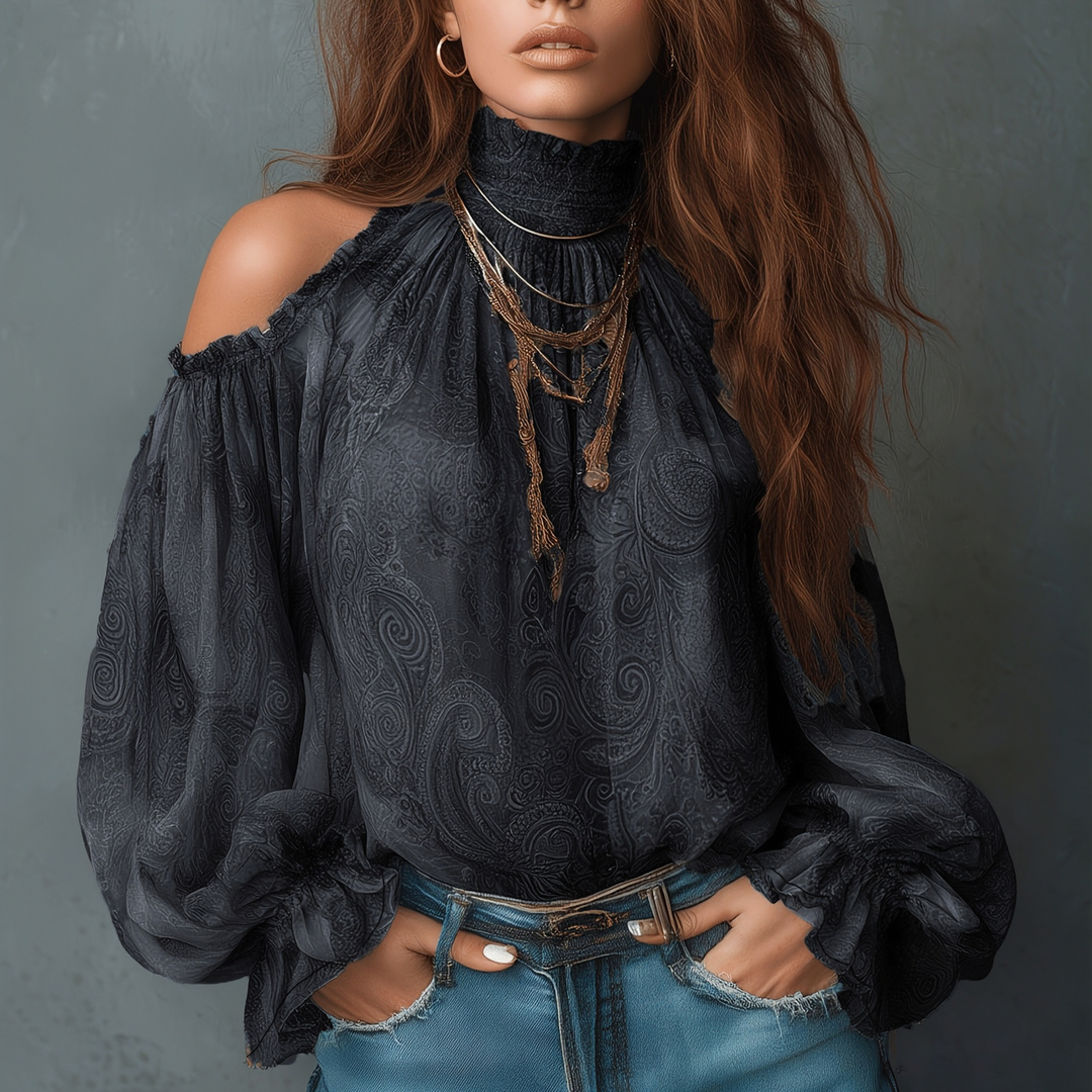 Cold Shoulder Ruffle High Neck Blouse