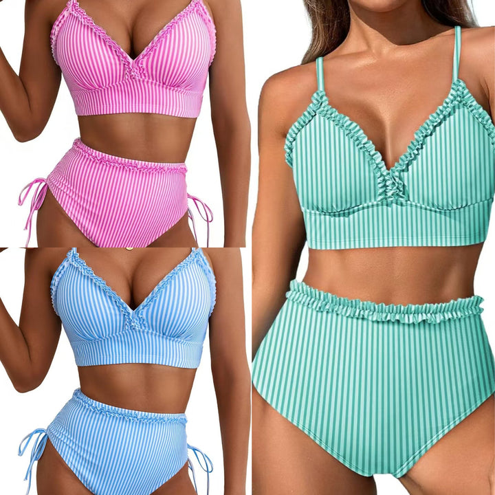 Striped Ruffle High-Waisted Bikini Set