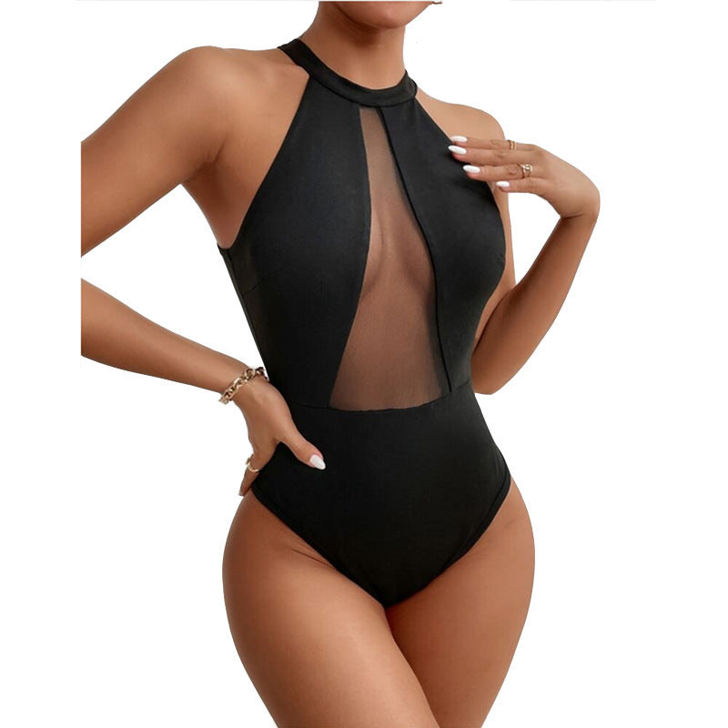 Black Mesh Panel Halter Neck Bodysuit