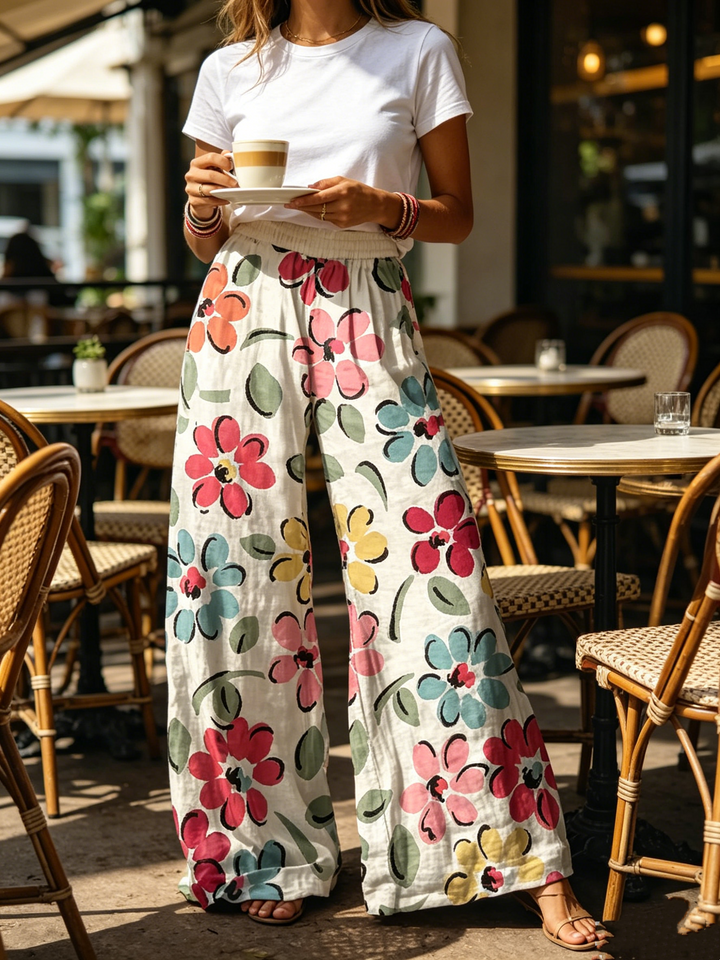 Watercolor Floral Elastic High Waist Wide Leg Palazzo Pants