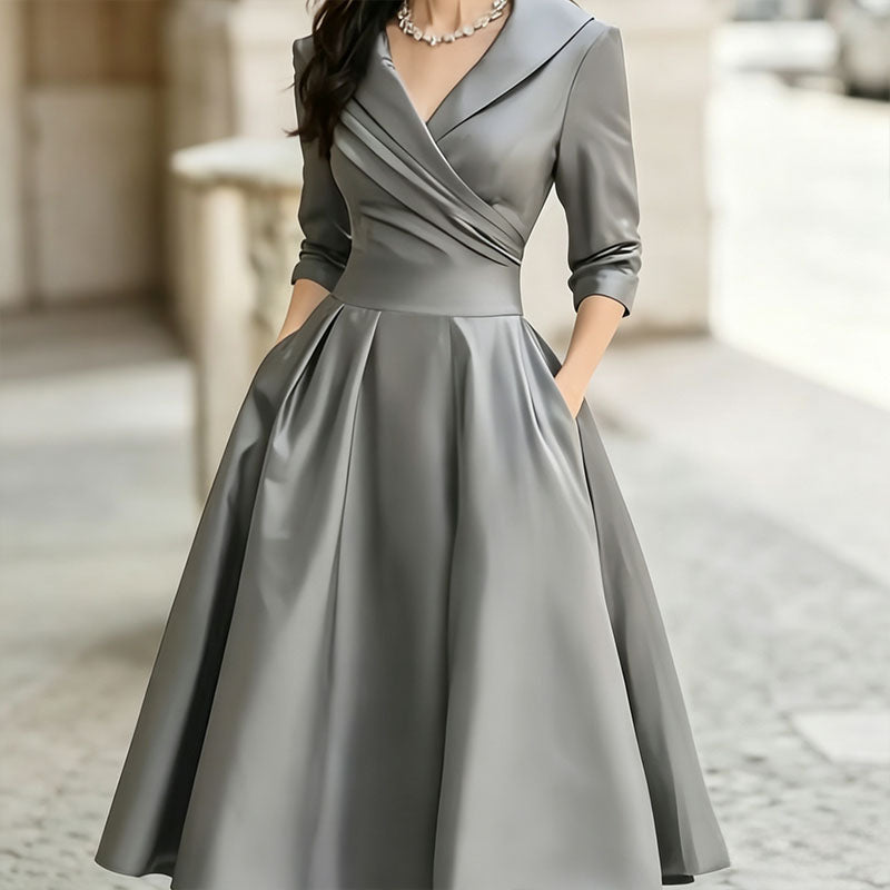 Satin Formal Wrap Long Sleeve A Line Midi Dress