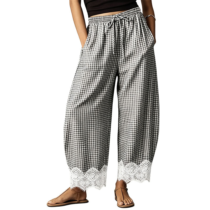 Lace-Trimmed Plaid Straight-Leg Wide-Leg Trousers