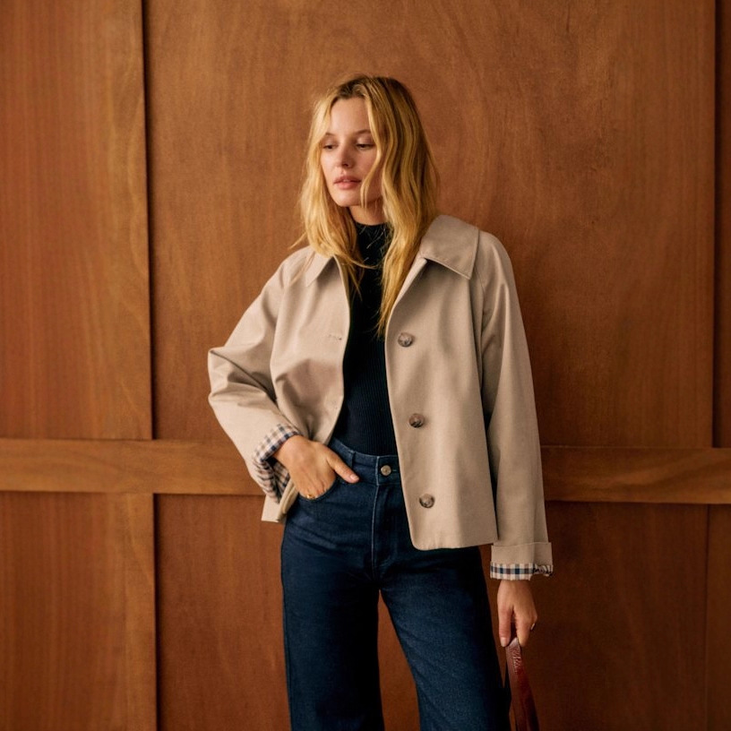 Cropped Check Cuff Trench Jacket