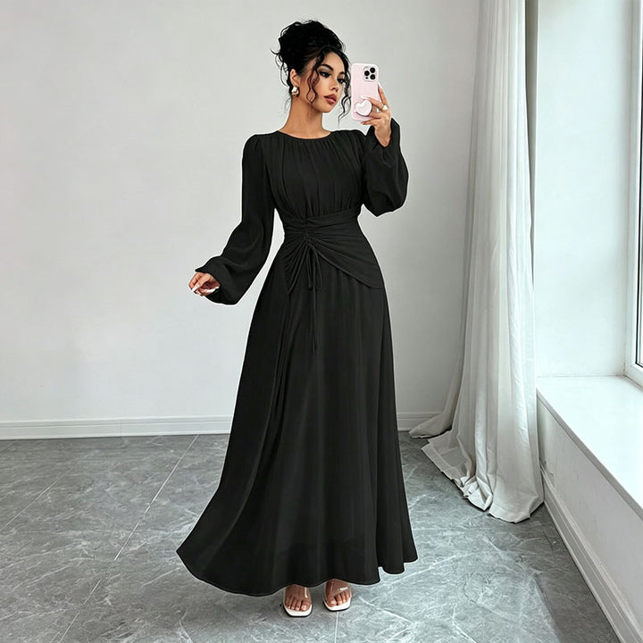 Long Sleeve Ruched Drawstring A-Line Dress