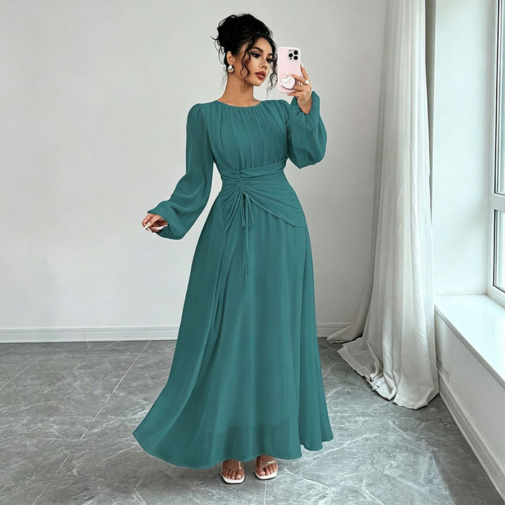 Long Sleeve Ruched Drawstring A-Line Dress