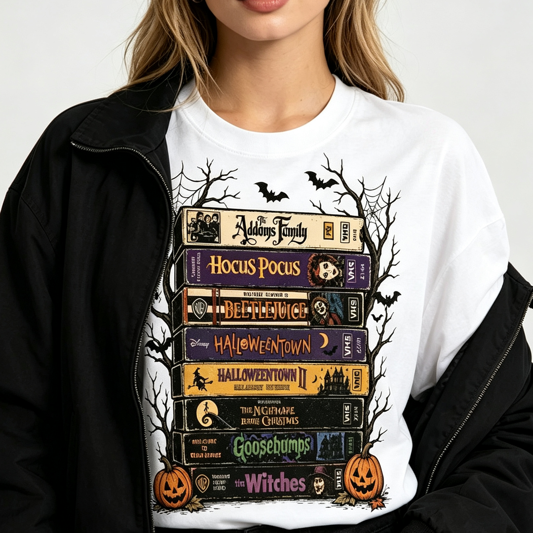 Retro Halloween VHS Movies Stack Graphic Tee