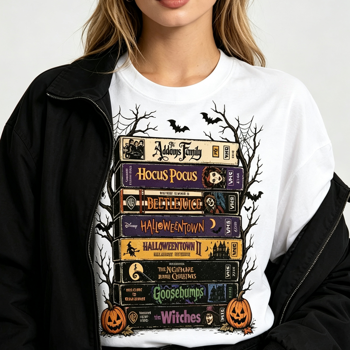 Retro Halloween VHS Movies Stack Graphic Tee