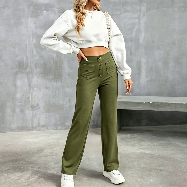 Solid color high-waisted straight leg pants