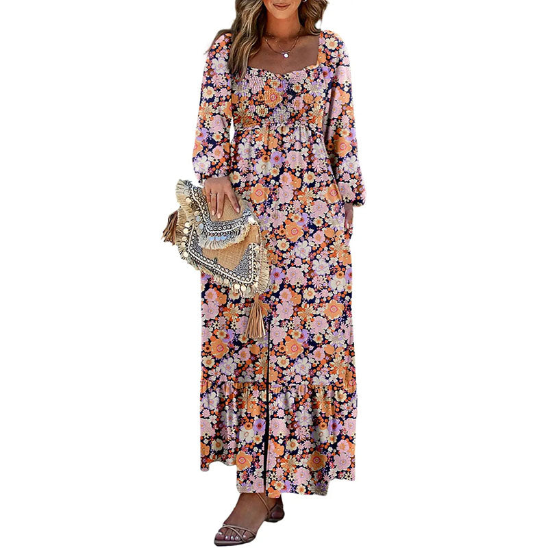 Floral Square Neck Long Sleeve Dress