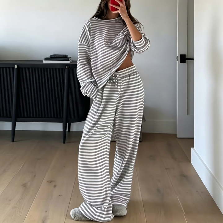 Cozy Striped Long‑Sleeve Casual Loungewear Set