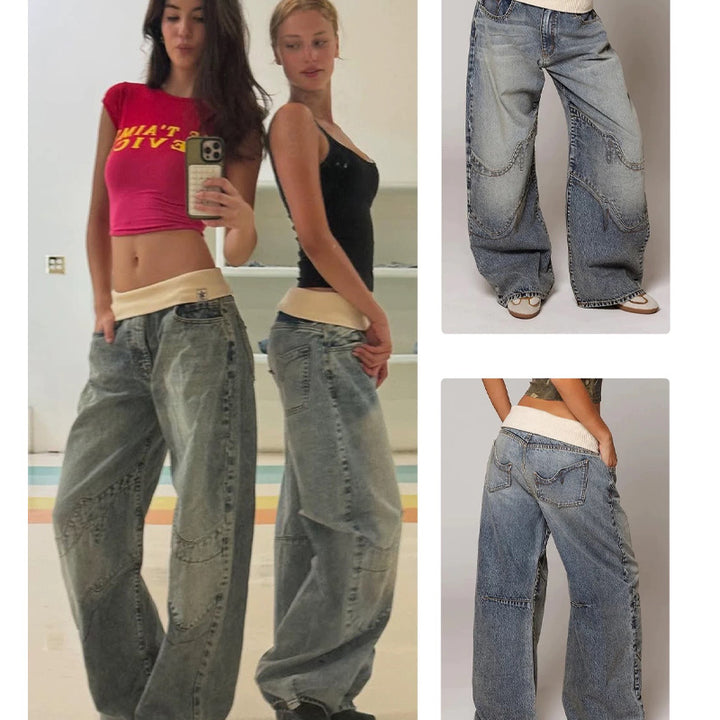 Vintage distressed ribbed straight leg jeans