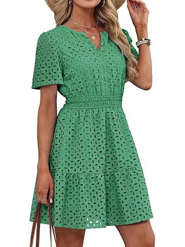 Eyelet Embroidery Short Sleeve Mini Dress, Smocked Waist Casual Summer Dress