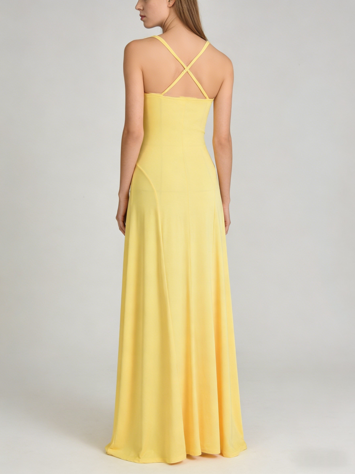 Square Neck Crisscross Open Back A-Line Maxi Dress | Twist Waist Lemon Yellow Evening Gown