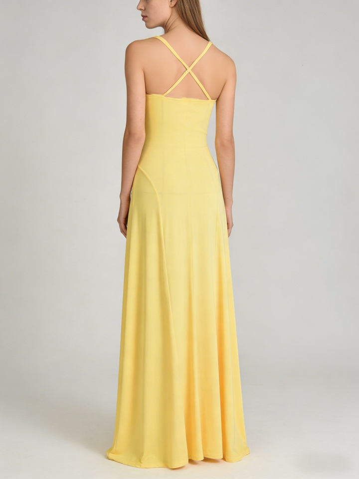Square Neck Crisscross Open Back A-Line Maxi Dress | Twist Waist Lemon Yellow Evening Gown