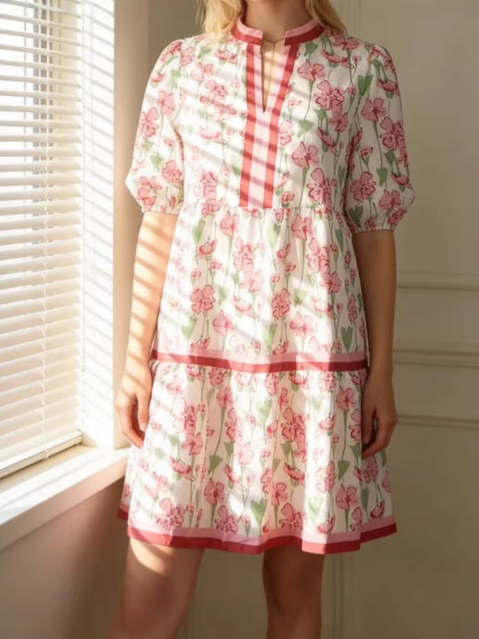 Color Block Trim Blue Floral Puff Sleeve Tiered Mini Dress With Pockets