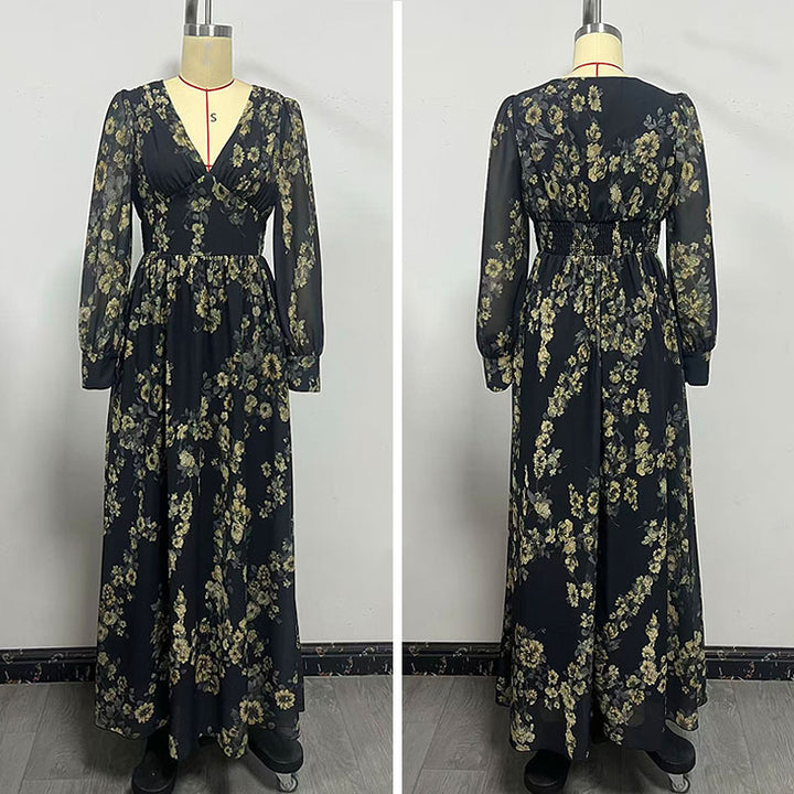 Floral V Neck Long Sleeve Bohemian Maxi Dress