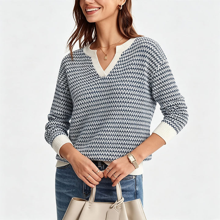 V-neck striped long-sleeve sweater