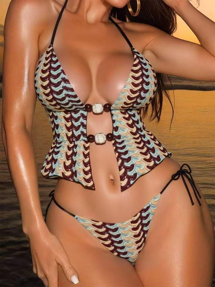 Bohemian Wave Knit Triangle Bikini Set with Shell Accents