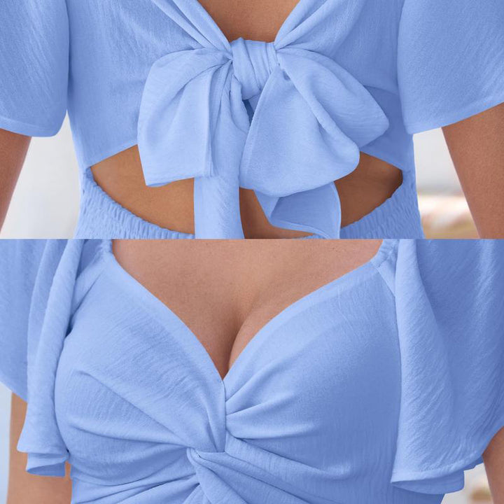 Square neck short-sleeved high-waisted bow dress