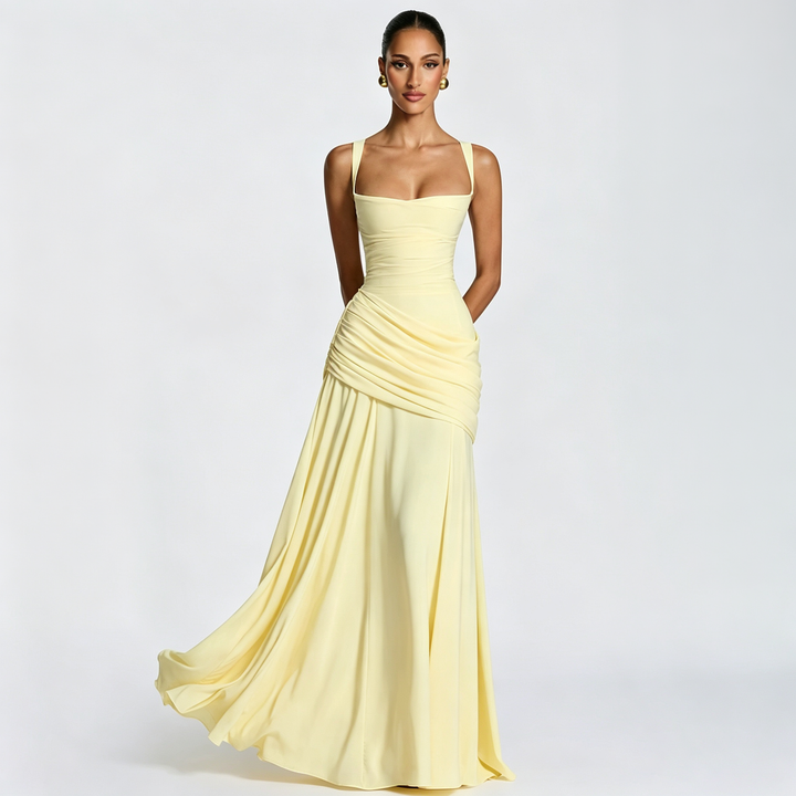 Minimalist Square Neck Ruched Waist Floor Gown