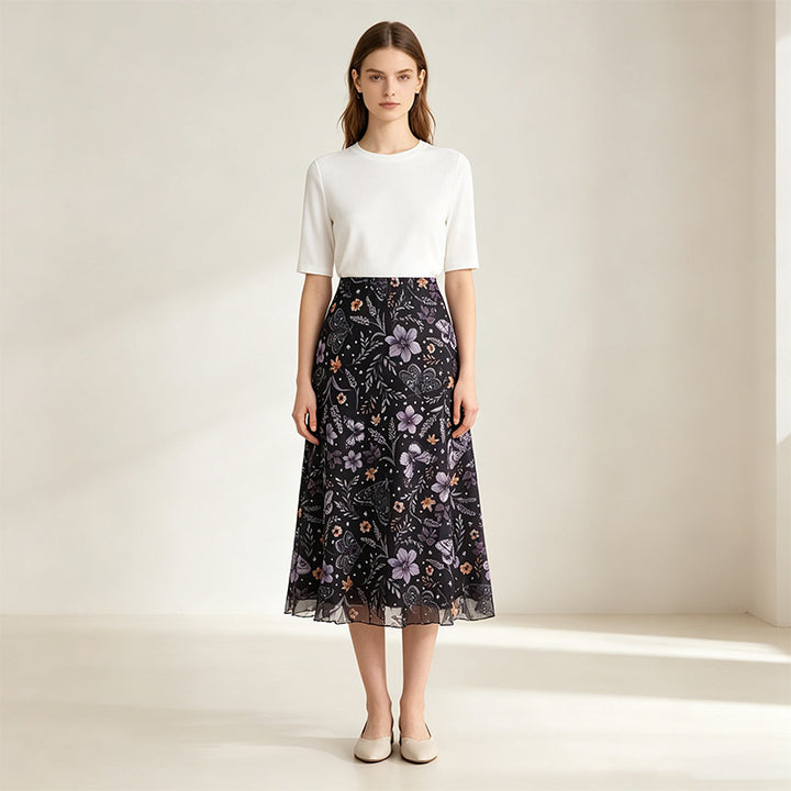 Floral Print Mesh High Waist A-Line Skirt