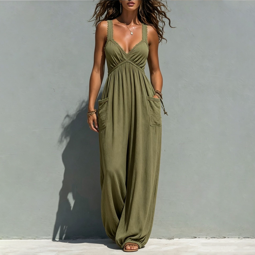 Lace Trim Spaghetti Strap V Neck Casual Jumpsuit