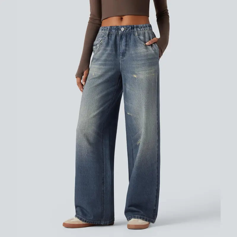 Mid Rise Denim Print Casual Jeans with Pockets | 90s Relaxed Fit Gradient Denim Pants