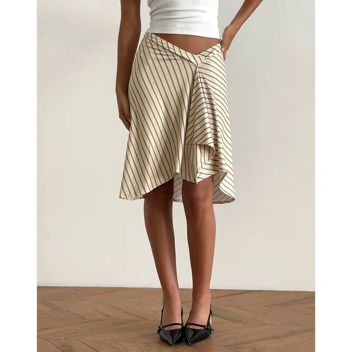 Beige Diagonal Stripe Asymmetric Midi Skirt