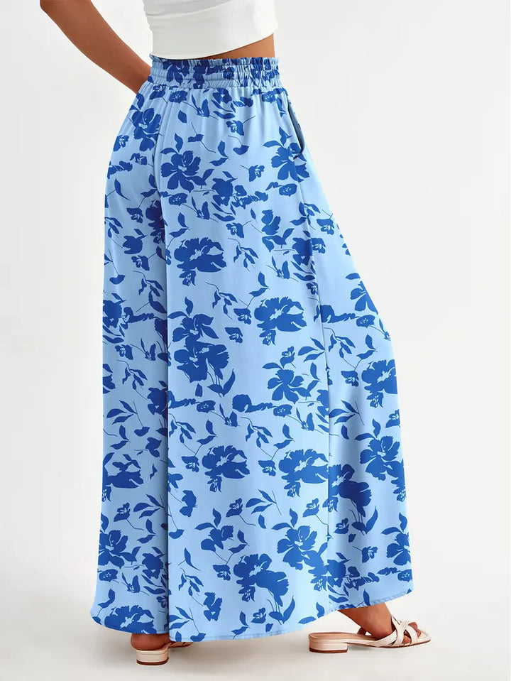 Light Blue Floral Print Elastic Waist Wide Leg Palazzo Pants