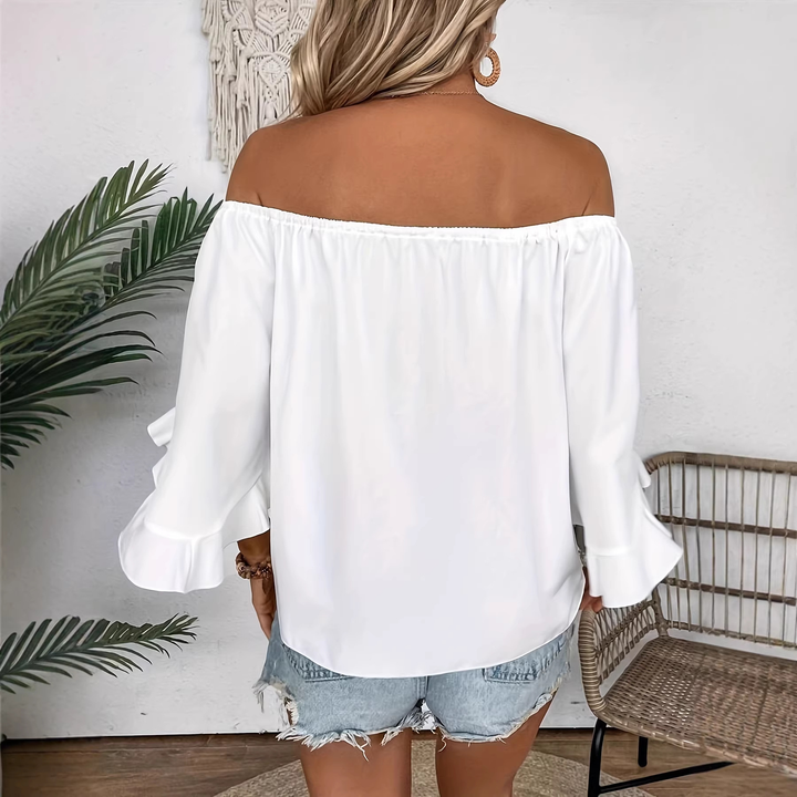 Loose Off Shoulder Ruffle Sleeve Self Tie Holiday Blouse