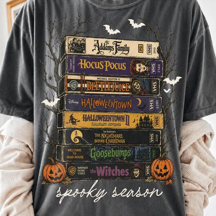Retro Halloween VHS Movies Stack Graphic Tee