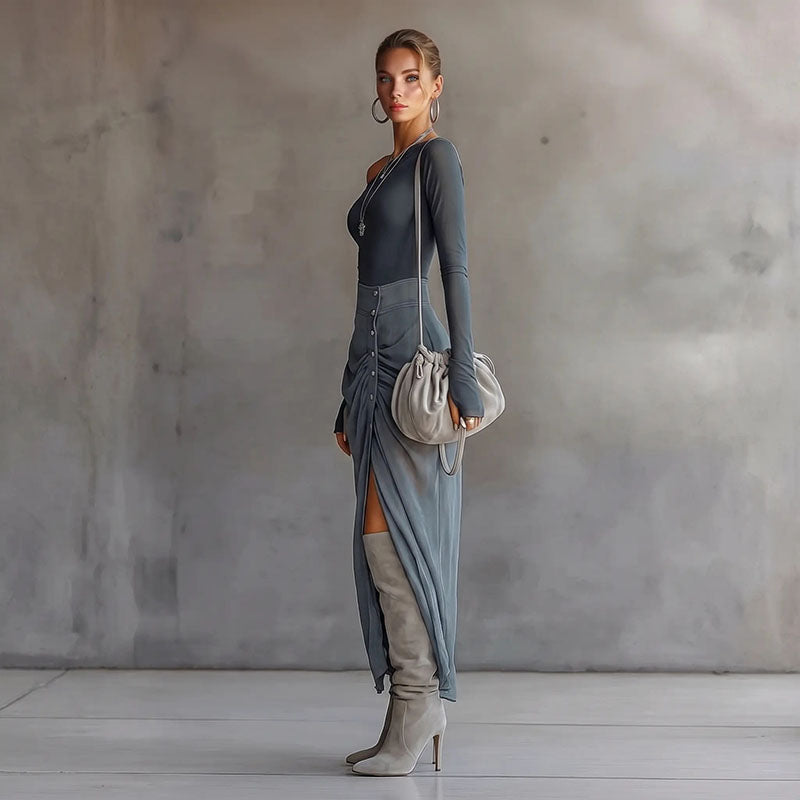 Off-shoulder long-sleeve maxi dress set with a slit