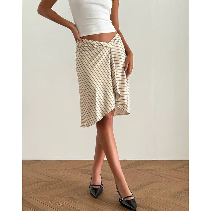 Beige Diagonal Stripe Asymmetric Midi Skirt