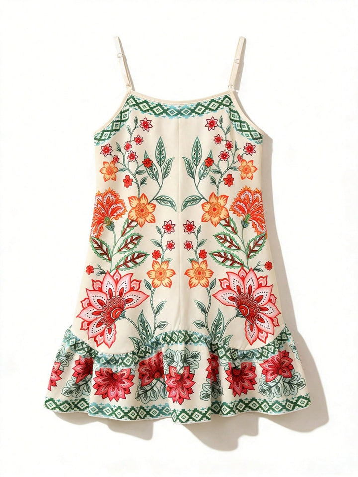 Boho Floral Geometric Trim Spaghetti Strap Ruffle Hem Mini Sundress