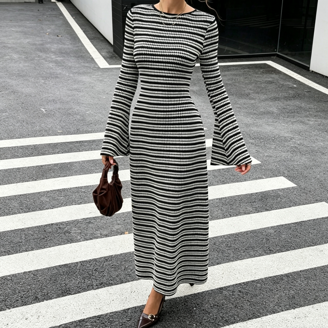 Back Tie Striped Knit Flare Sleeve Midi Dress