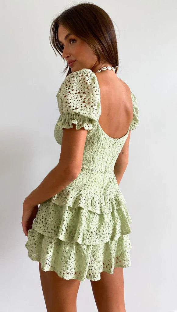 V-Neck Puff Sleeve Tie Lace Tiered Mini Dress | White Broderie Anglaise Babydoll