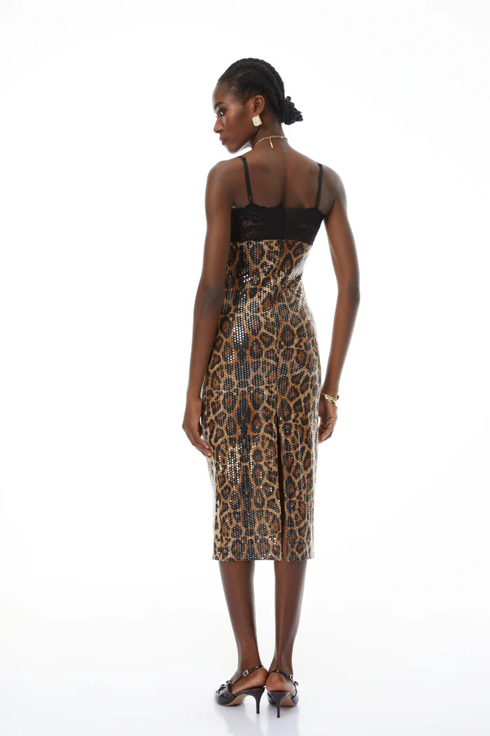 Leopard Print Sequin Midi Dress with Lace Bustier, Spaghetti Strap Bodycon Party Dress for Women