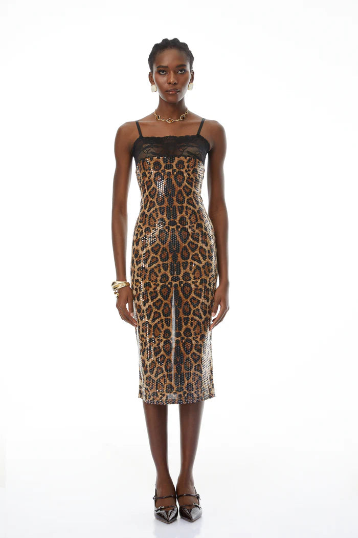 Leopard Print Sequin Midi Dress with Lace Bustier, Spaghetti Strap Bodycon Party Dress for Women