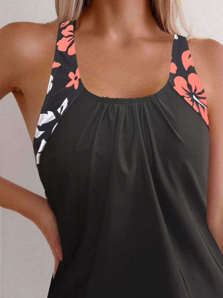 Black Floral Print Tankini with Swim Shorts