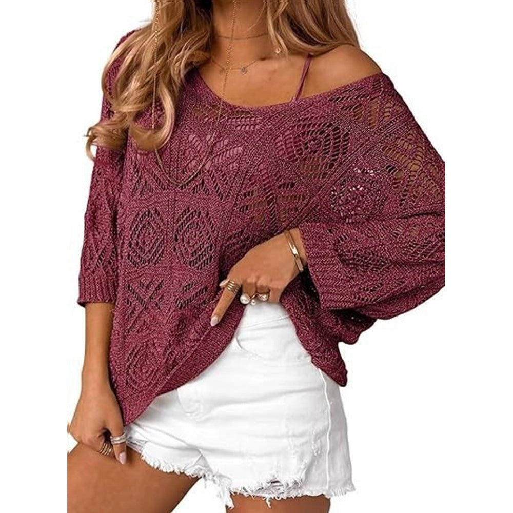 Openwork three-quarter sleeve knitted cover-up