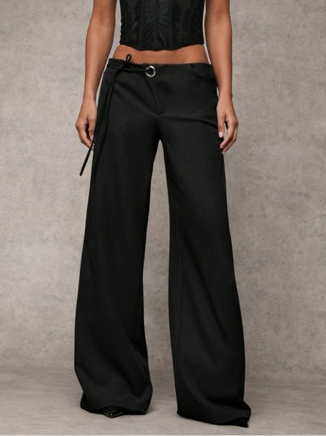 Low-Rise Tie Waist Wide Leg Trousers | Tailored Flare Pants with Metal Ring Detail for Women