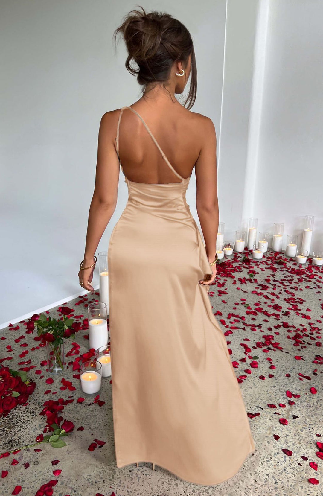 Champagne One-Shoulder Satin Maxi Dress | Ruched High Slit Elegant Evening Gown