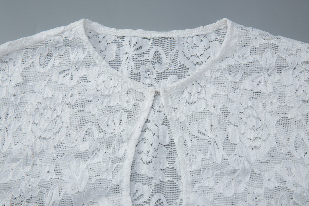 White Floral Lace Keyhole Cap-Sleeve Top